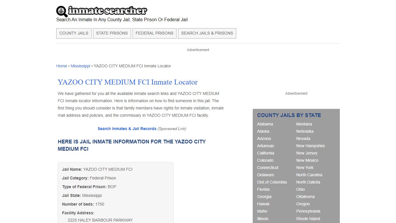 YAZOO CITY MEDIUM FCI Inmate Locator - Inmate Searcher