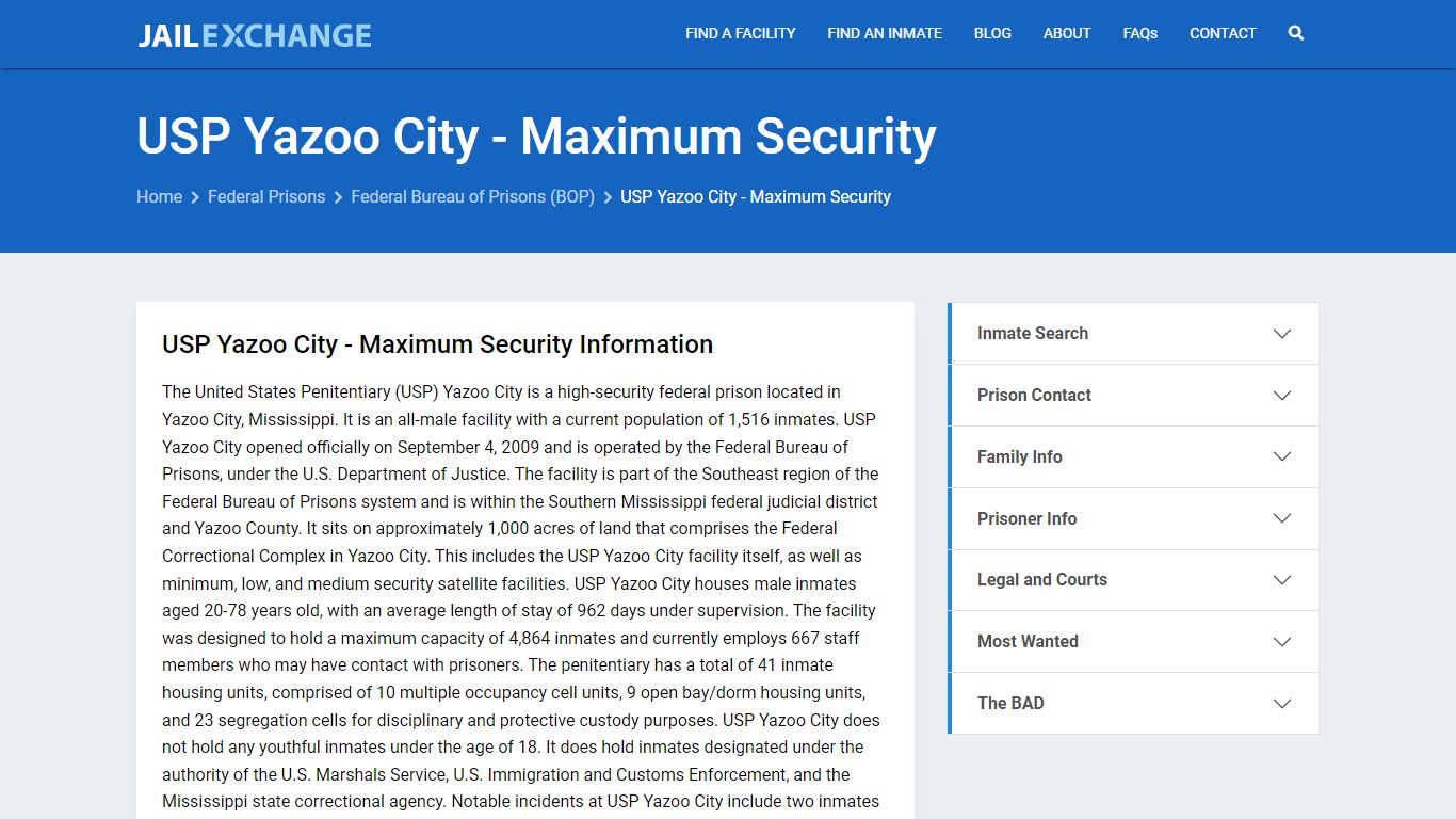 Federal Inmate Search - USP Yazoo City - Maximum Security - Jail Exchange