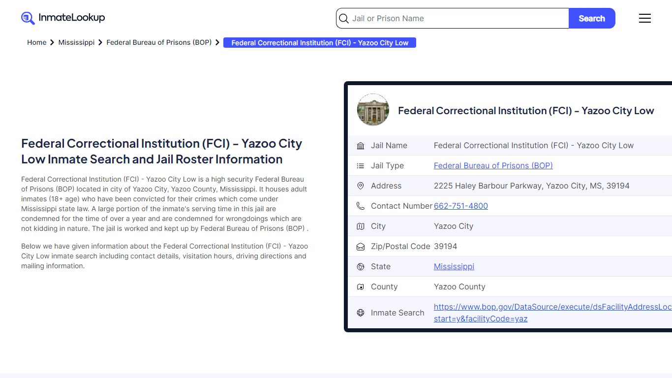 Federal Correctional Institution (FCI) - Yazoo City Low Inmate Search ...